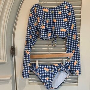 art class Blue Gingham Peach Print Long-Sleeve Rashguard Set